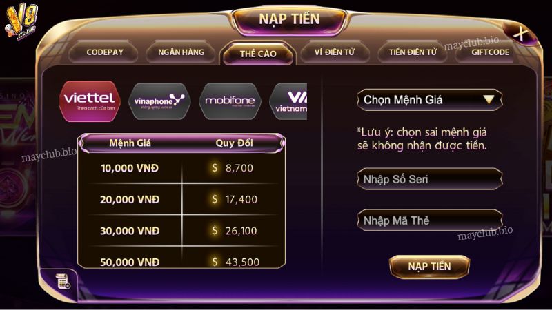 Nạp tiền V8club qua thẻ cào điện thoại