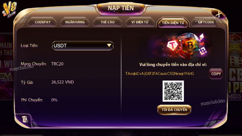 Nạp tiền V8club qua ví tiền ảo